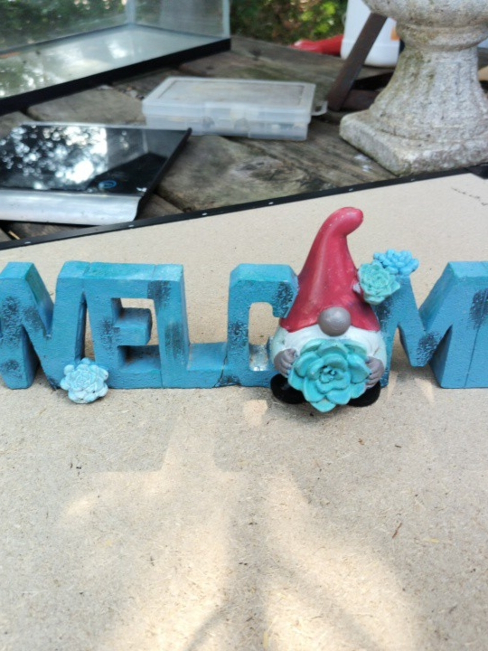 Welcome Gnome Home Accent in Blue and Red 11 Long X 4 1/2 X 1